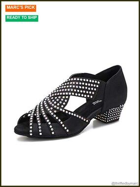 Women Rhinestone Dance Shoes Ballroom Latin Salsa Satin Suede Low Heel